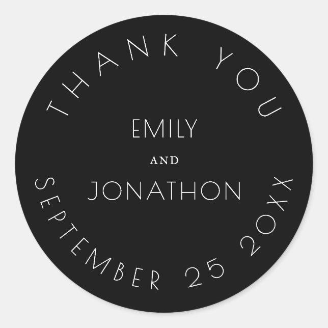 Pegatina Redonda Boda simple Gracias Nombres Fecha Blanco Negro (Anverso)