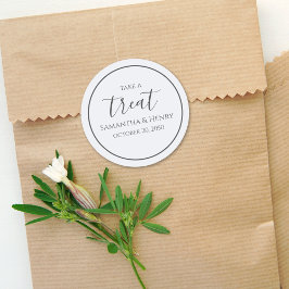 Pegatina Redonda Boda Simple Guión de Caligrafía Azul Claro Treat