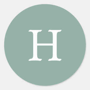 Pegatina Redonda Boda Simple Monograma Verde Salvia