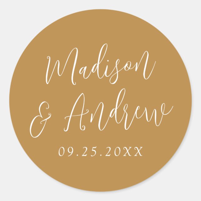 Pegatina Redonda Boda Simple Script Personalizada Ocre (Anverso)