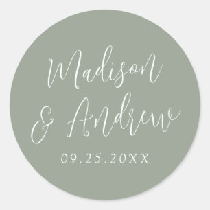 Pegatina Redonda Boda Simple Script Personalizada Verde Salvia