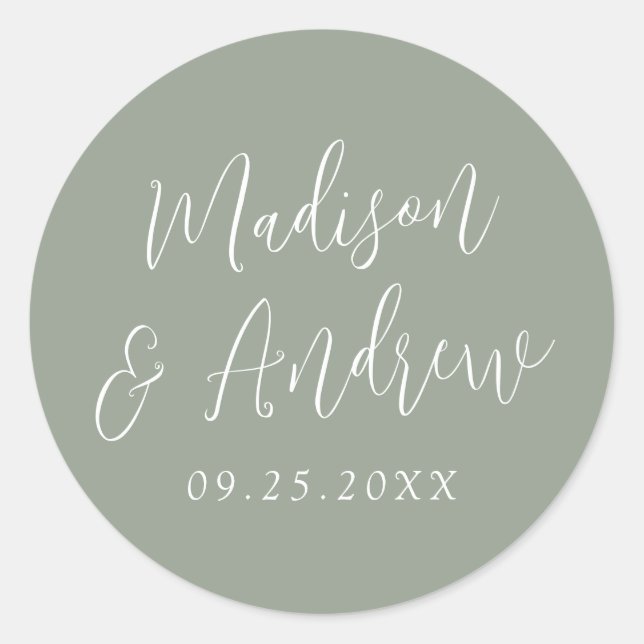 Pegatina Redonda Boda Simple Script Personalizada Verde Salvia (Anverso)