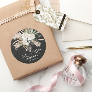 Pegatina Redonda Boda Sr. Sra. pampas hierba, eucalipto botánico