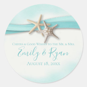 Pegatina Redonda Boda Starfish and Ribbon Turquoise