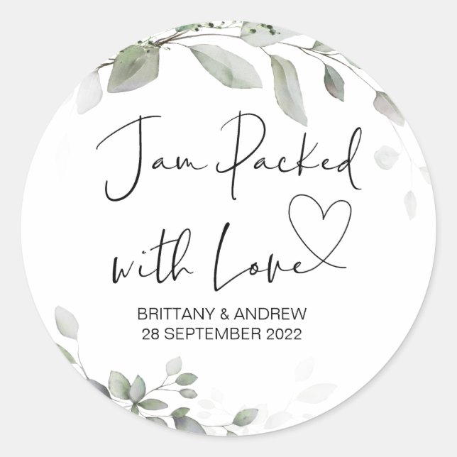 Pegatina Redonda Boda Tratar Jar Favor Jam Empaquetado Con Amor (Anverso)