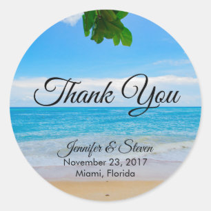 Pegatina Redonda Boda Tropical Beach Vacation Island Gracias