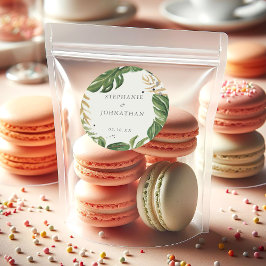 Pegatina Redonda Boda tropical de acuarela verde y dorada