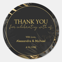 Pegatina Redonda Boda tropical de oro negro moderno gracias