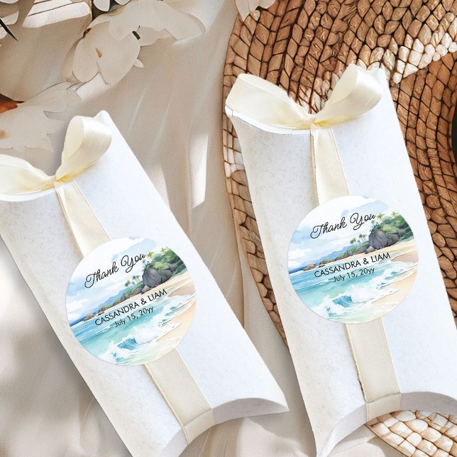 Pegatina Redonda Boda Tropical De Verano Gracias Por Favor (Wedding Favor stickers from the Summer Beach Wedding Collection by Darling & May)