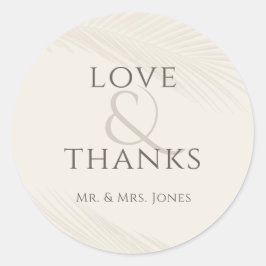 Pegatina Redonda Boda Tropical en Playa de Hojas Gracias