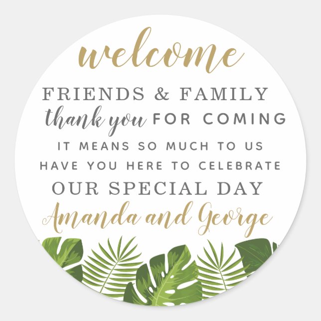 Pegatina Redonda Boda tropical favor personalizado gracias (Anverso)