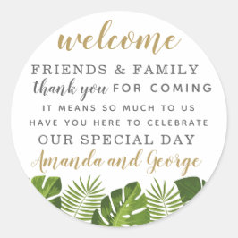 Pegatina Redonda Boda tropical favor personalizado gracias