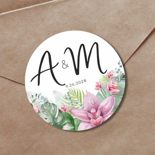 Pegatina Redonda Boda Tropical Floral (Watercolor Floral Palm Tropical Wedding Monogram Classic Round Sticker)
