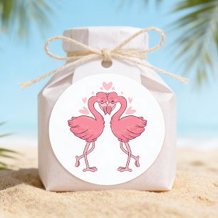 Pegatina Redonda Boda Tropical Hawaiana con Flamencos Rosas