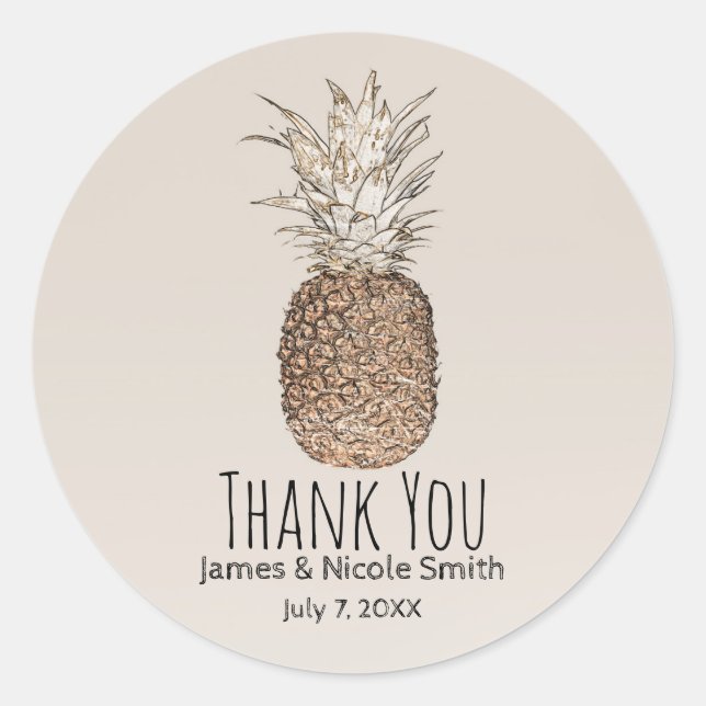 Pegatina Redonda Boda Tropical Hawaiana de Piña Rústica (Anverso)