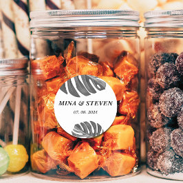 Pegatina Redonda boda tropical moderno en blanco y negro