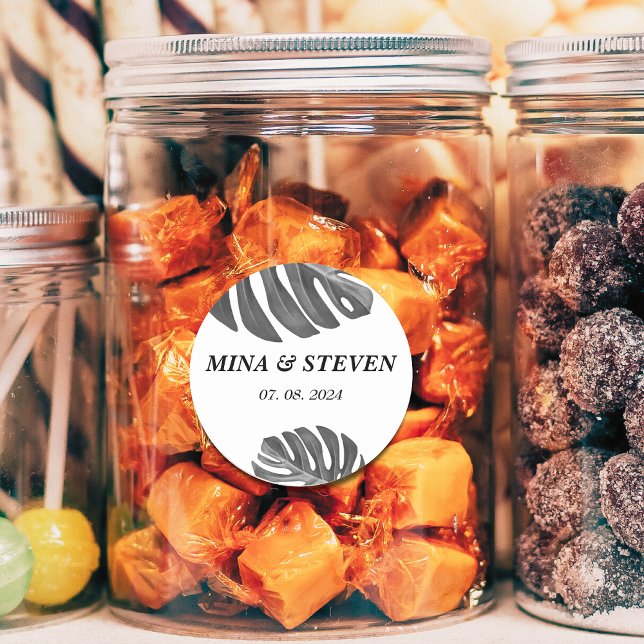 Pegatina Redonda boda tropical moderno en blanco y negro (Subido por el creador)