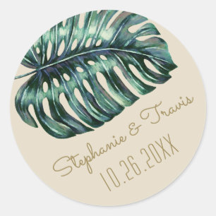 Pegatina Redonda Boda Tropical Monstera Palm Leaf