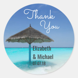 Pegatina Redonda Boda tropical panorámica en la playa gracias
