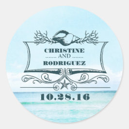 Pegatina Redonda Boda turquesa en la playa del mar