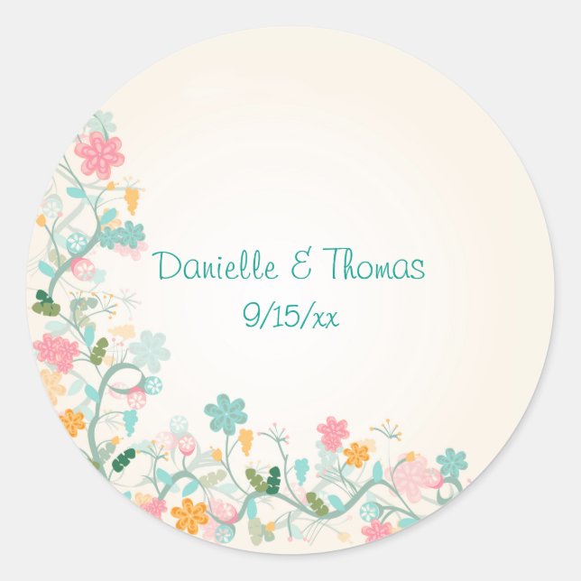 Pegatina Redonda Boda Turquesa Verde Rosa Floral (Anverso)