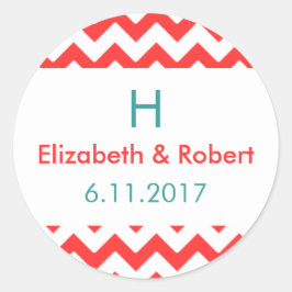 Pegatina Redonda Boda Turquesa y Coral Chevron