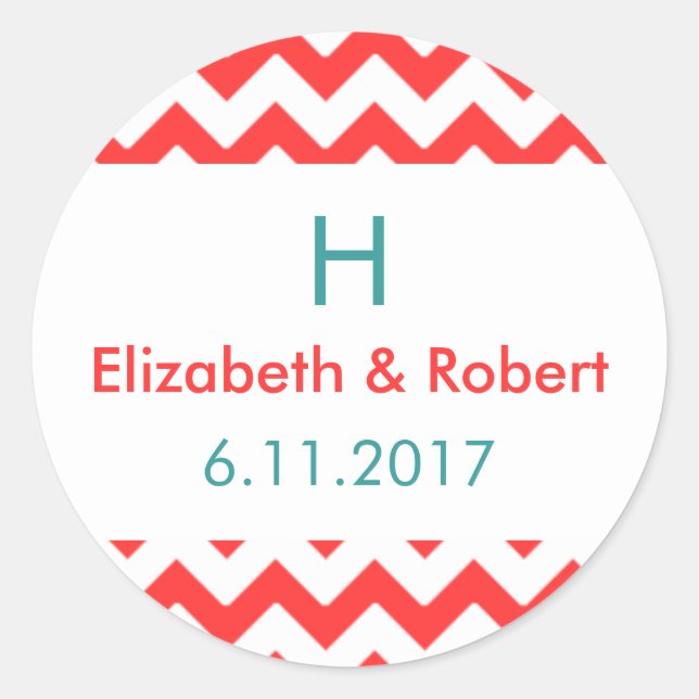 Pegatina Redonda Boda Turquesa y Coral Chevron (Anverso)