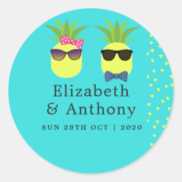 Pegatina Redonda Boda turquesa y limonera en la playa