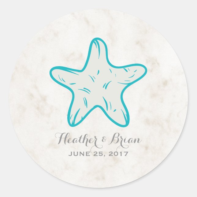 Pegatina Redonda Boda Turquoise Rustic Starfish (Anverso)