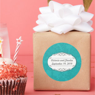 Pegatina Redonda Boda Verde azulada turquesa moderna de Damasco Azu