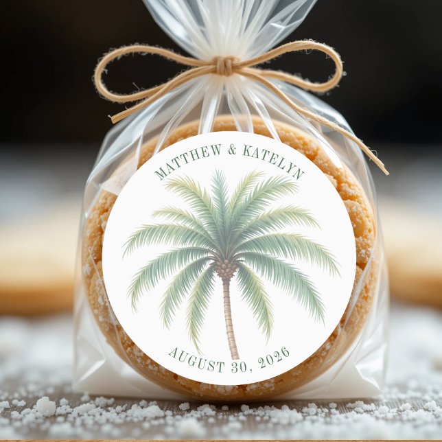 Pegatina Redonda Boda Verde de la Isla del Árbol de Palma (Palm Tree Island Destination Green Wedding Classic Round Sticker
)