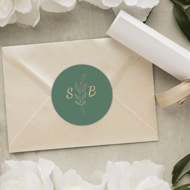 Pegatina Redonda Boda verde monograma simple y elegante (Elegant Modern Simple Monogram Green Wedding Classic Round Sticker)