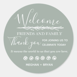 Pegatina Redonda Boda verde pálido gracias amigos y familia