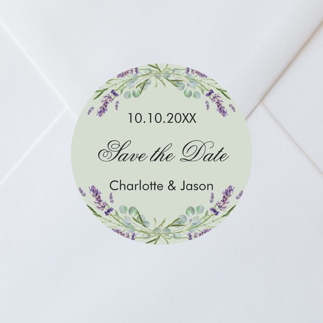 Pegatina Redonda Boda verde salva Lavender Salve la fecha (Subido por el creador)
