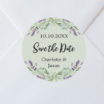 Pegatina Redonda Boda verde salva Lavender Salve la fecha<br><div class="desc">Un fondo verde salado de moda decorado con flores de lavanda y vegetación eucaliptica. Personalice y agregue sus nombres y fecha de boda.</div>
