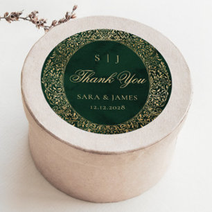 Pegatina Redonda Boda Victoriano del Green Gold Ornate Gracias
