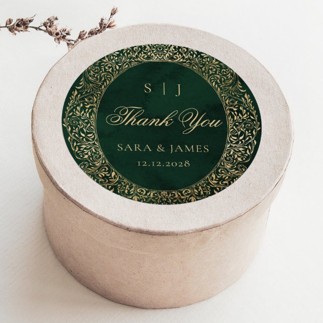 Pegatina Redonda Boda Victoriano del Green Gold Ornate Gracias (Subido por el creador)