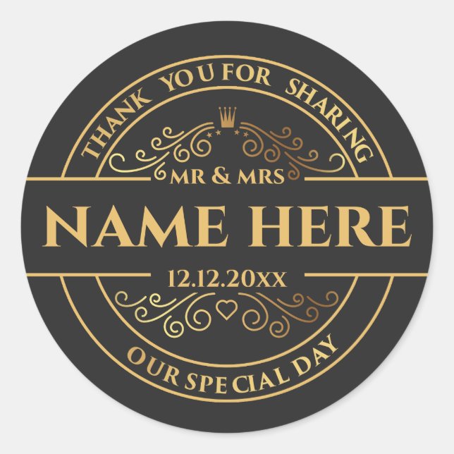 Pegatina Redonda Boda Vintage Black and Gold personalizado (Anverso)