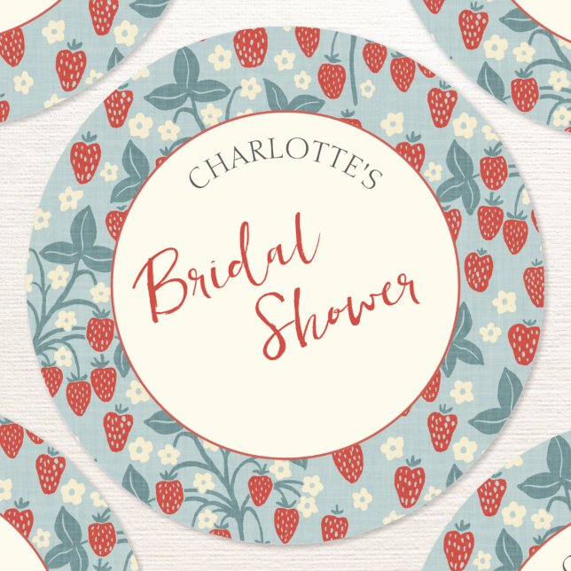 Pegatina Redonda Boda Vintage de Fresa (Vintage inspired strawberry pattern bridal shower personalized stickers)