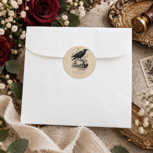 Pegatina Redonda Boda Vintage Gótico Negro Toile Beige Cuervo
