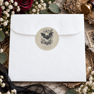 Pegatina Redonda Boda Vintage Gótico Negro Toile Tan Murciélago