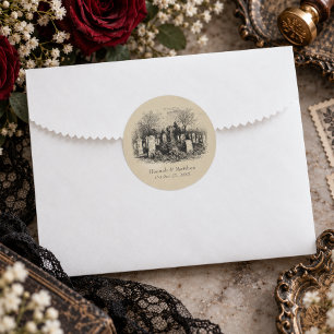 Pegatina Redonda Boda Vintage Gótico Negro Toile Tan Tumbas