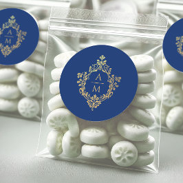 Pegatina Redonda Boda Vintage Monograma Corona Azul Real Dorado