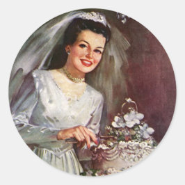 Pegatina Redonda Boda Vintage, Novia Cortando la Torta de Boda