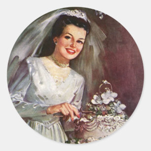 Pegatina Redonda Boda Vintage, Novia Cortando la Torta de Boda