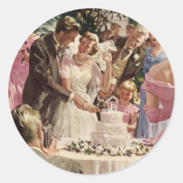 Pegatina Redonda Boda Vintage Novia Novio Recién Casados Cortan la