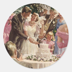 Pegatina Redonda Boda Vintage Novia Novio Recién Casados Cortan la