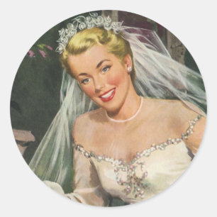 Pegatina Redonda Boda vintage, novia retro con chica flor