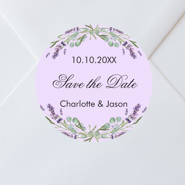 Pegatina Redonda Boda violeta Lavender Salven la Fecha (Subido por el creador)