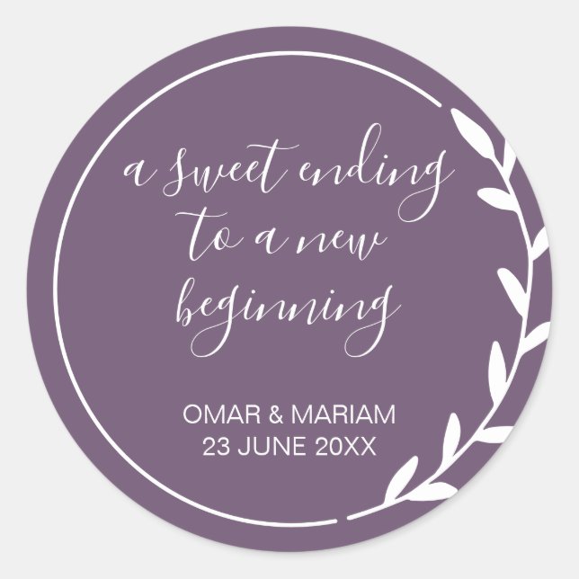 Pegatina Redonda Boda violeta morado para el fin de los dulces (Anverso)